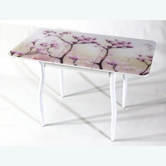 Раздвижной стол из стекла Милан 10 фотопечать сакура фигурные опоры белые